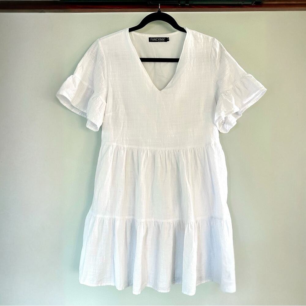 FANCYINN White Linen Blend Tiered Dress | Pockets | Lined | Size S